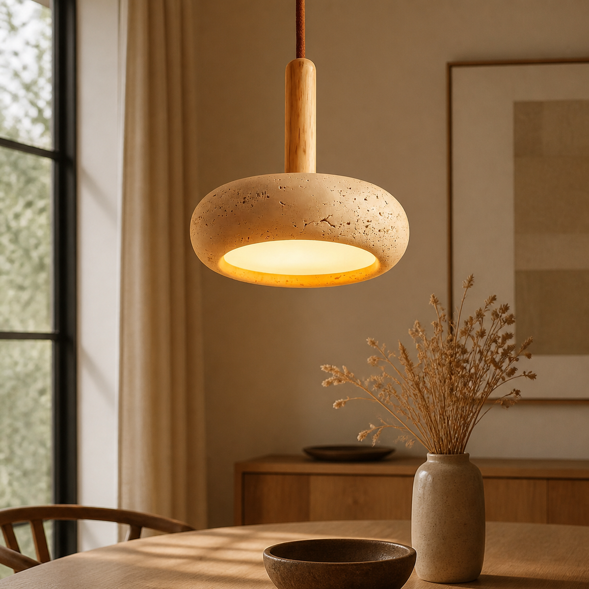 Wabi-Sabi Travertine Disc Pendant Light