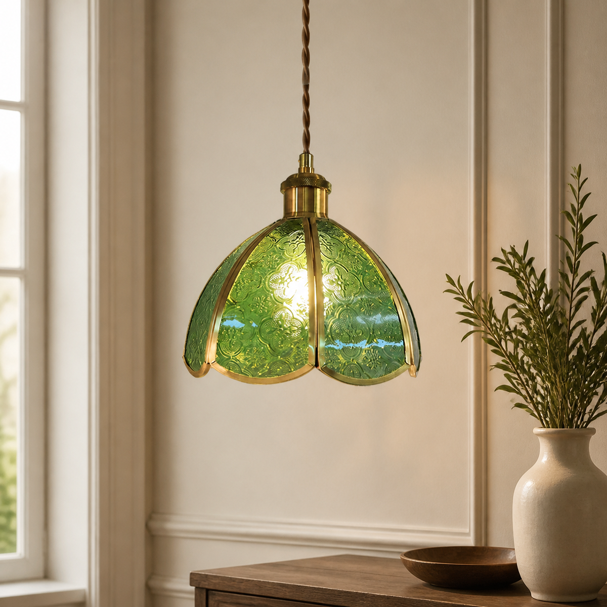 Vintage Stained-Glass Dome Pendant Light