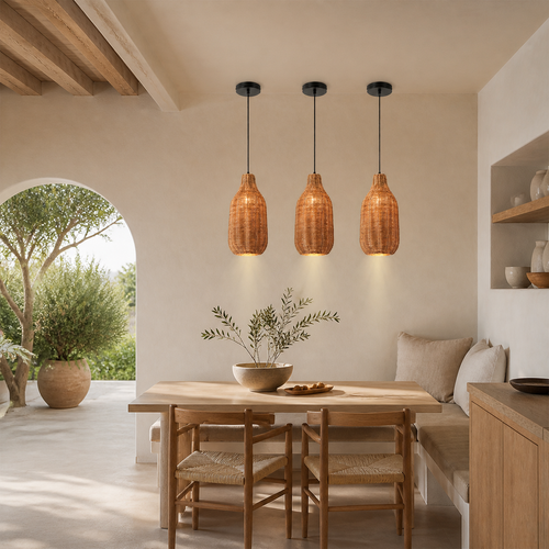 Boho Rattan Cylinder Pendant Light