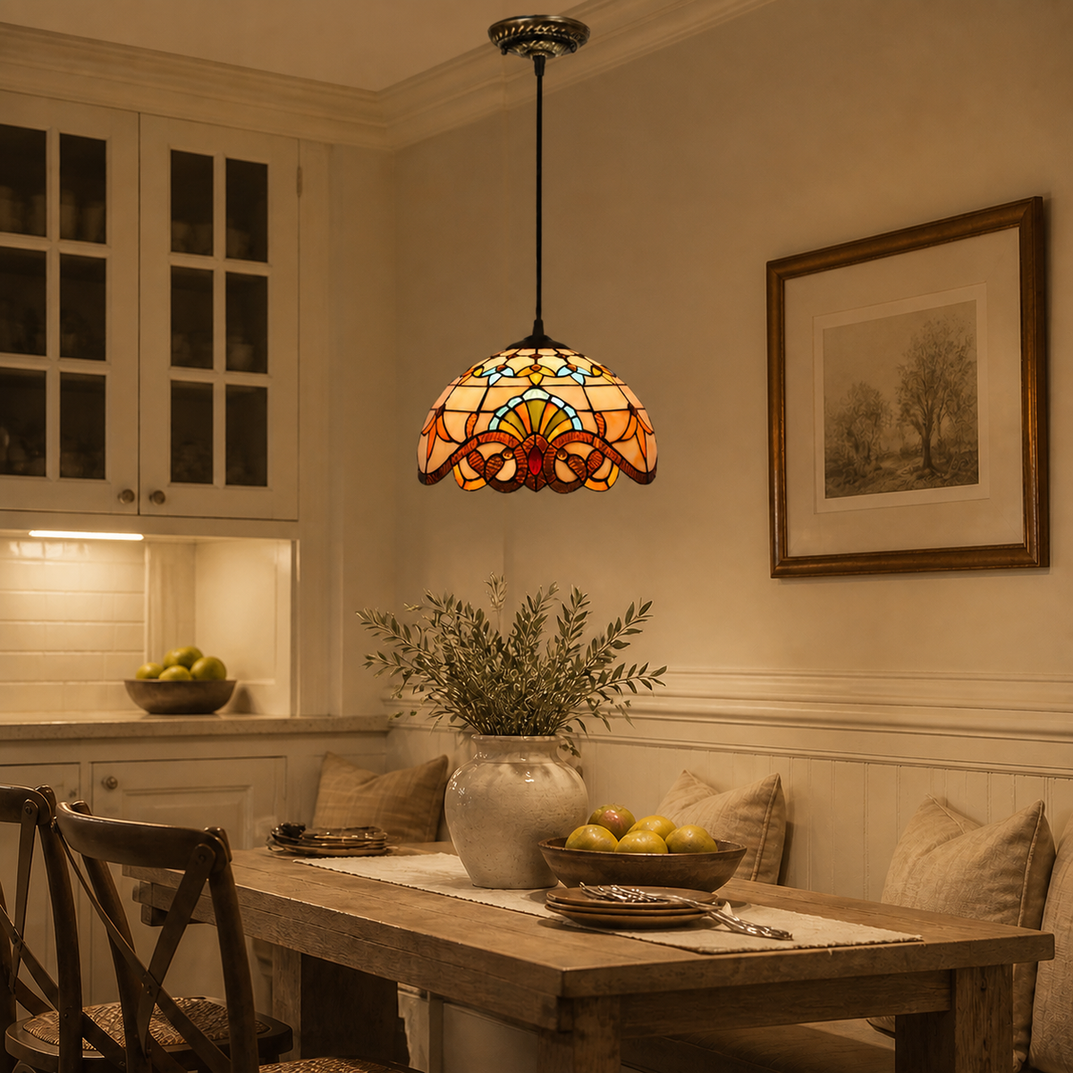 Vintage Stained-Glass Dome Pendant Light