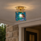 Vintage cilindrische plafondlamp van glas-in-lood