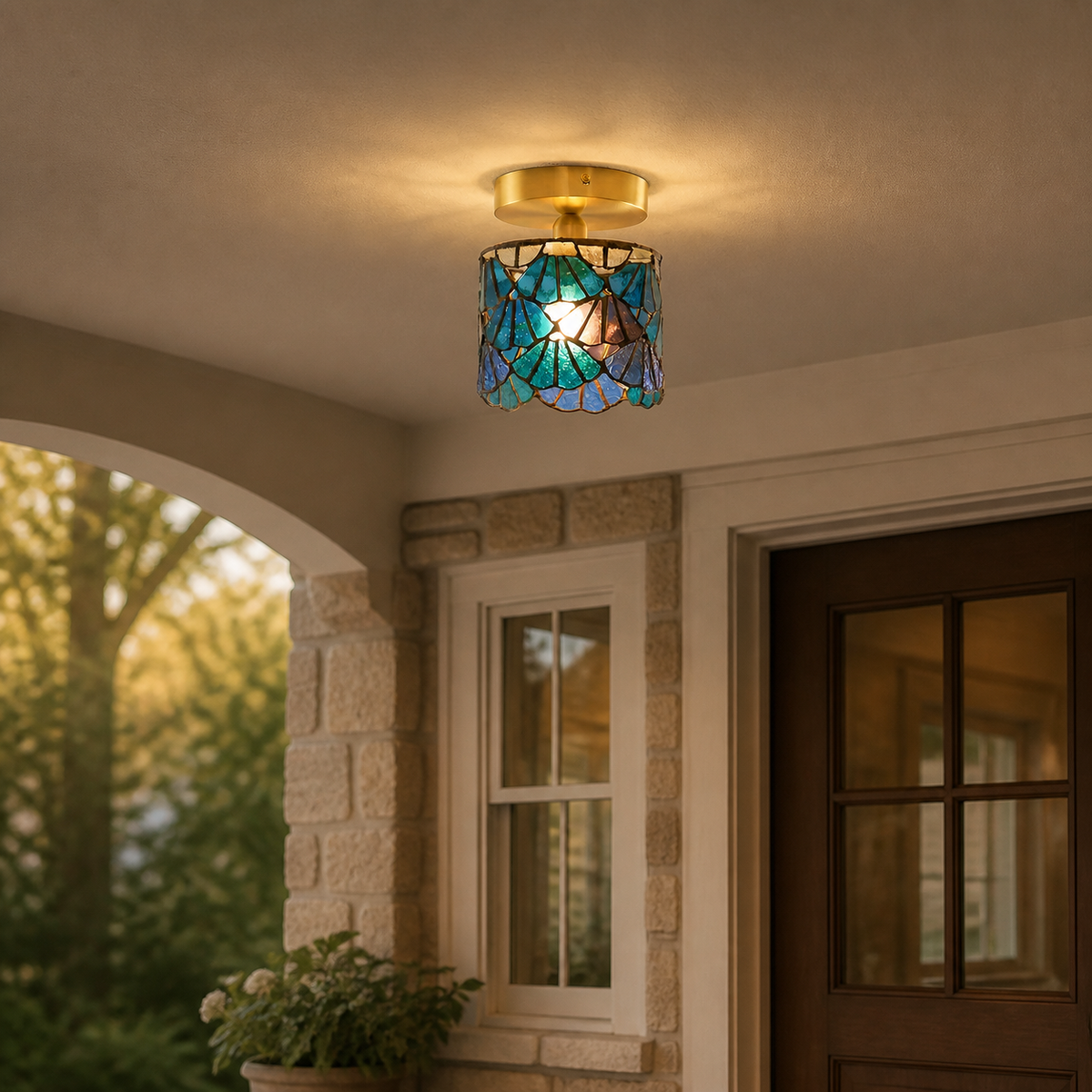 Vintage Stained-Glass Cylinder Ceiling Light