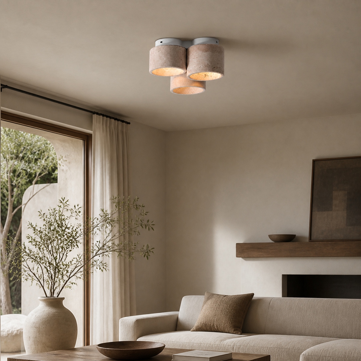 Wabi-Sabi Travertine Drum Ceiling Light