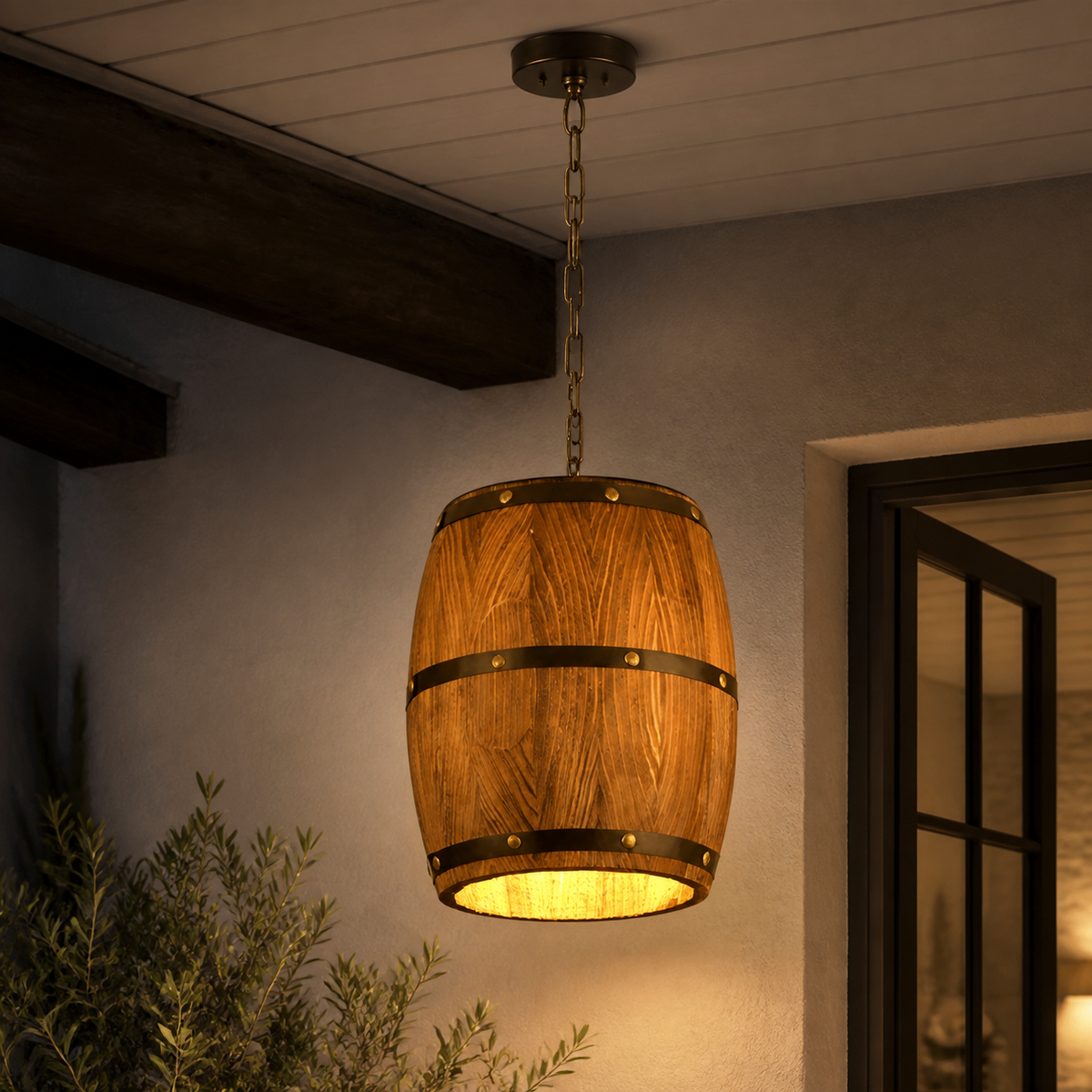 Rustic Wood Barrel Pendant Light