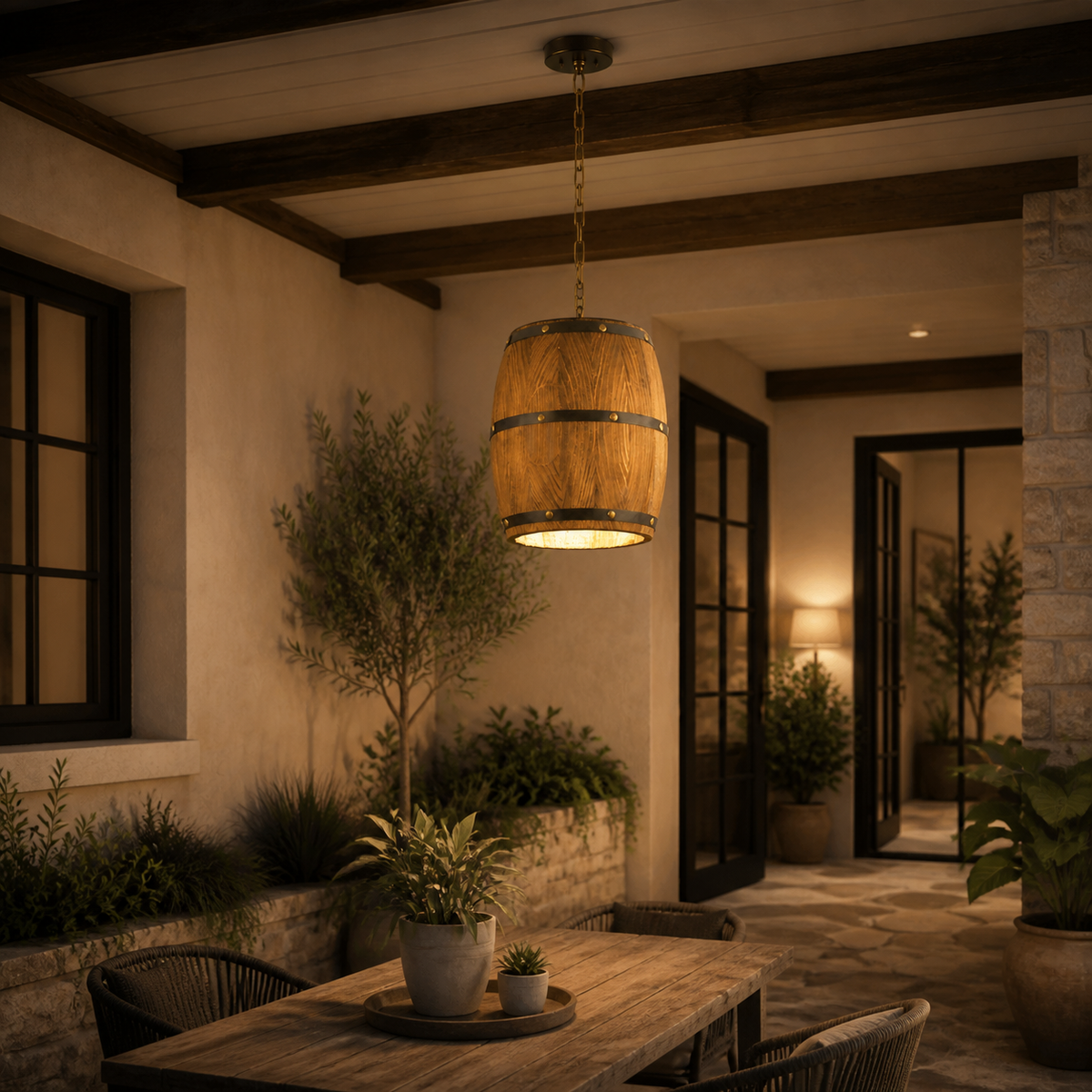 Rustic Wood Barrel Pendant Light