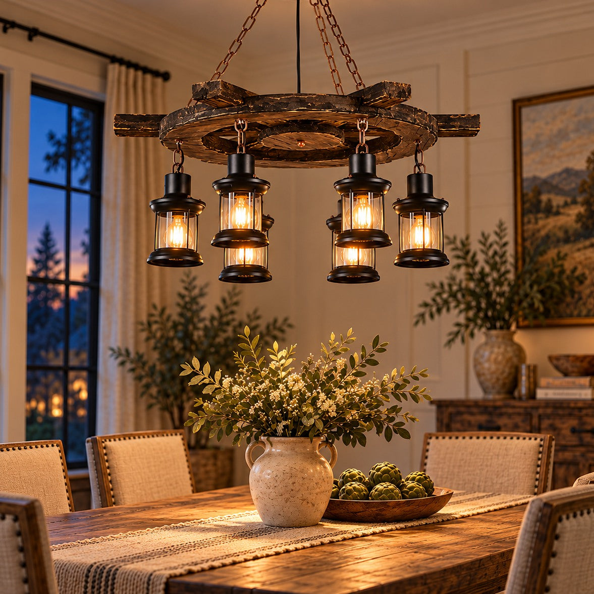 Vintage Wood Glass Multi-Light Pendant Light