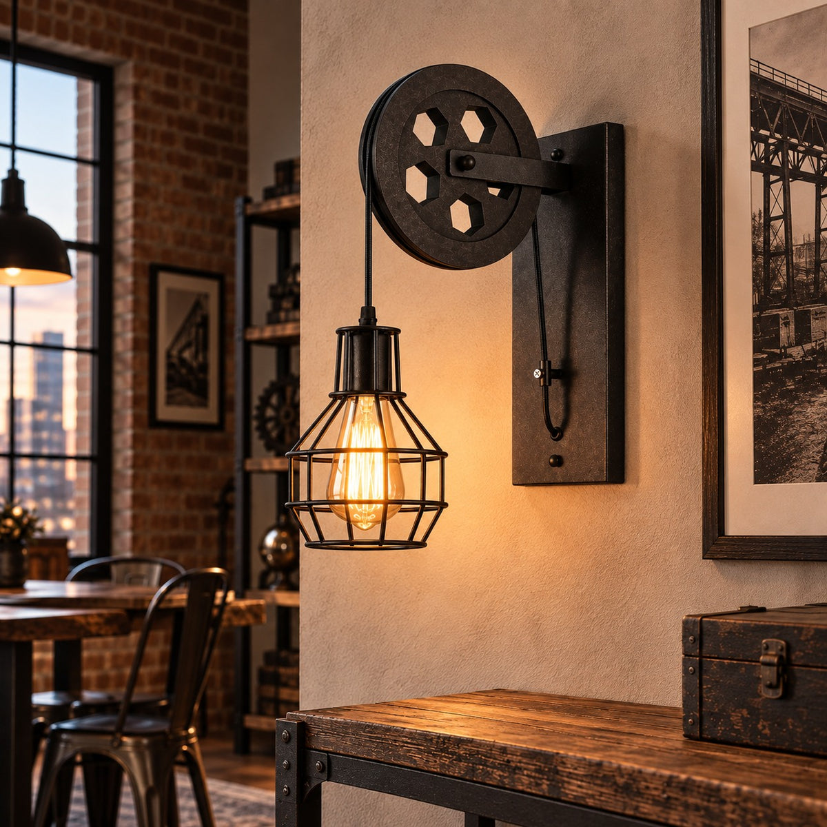 Industrial Metal Pulley-Lantern Wall Light