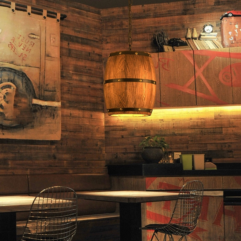 Rustic Wood Barrel Pendant Light