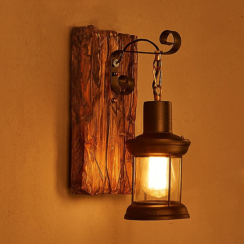Industrial Wood Lantern Wall Light