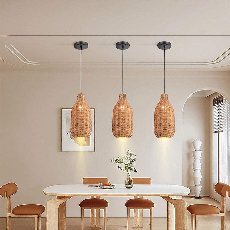 Boho Rattan Cylinder Pendant Light