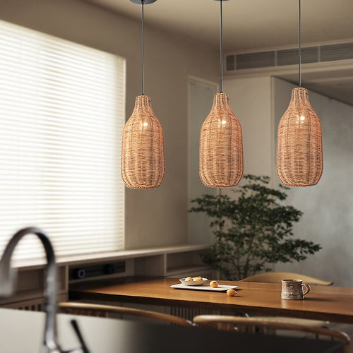 Boho Rattan Cylinder Pendant Light