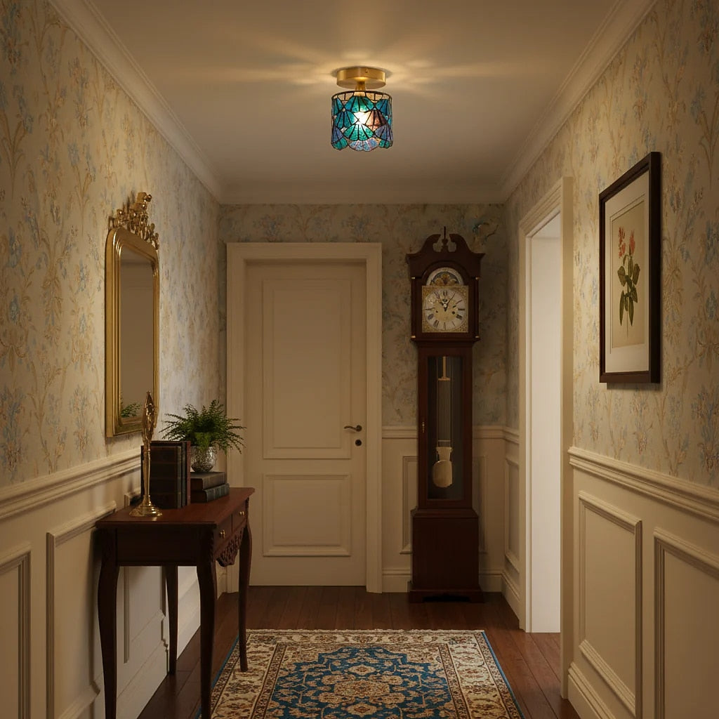 Vintage Stained-Glass Cylinder Ceiling Light