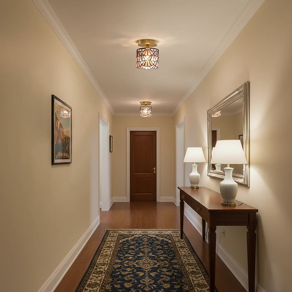 Vintage Stained-Glass Cylinder Ceiling Light