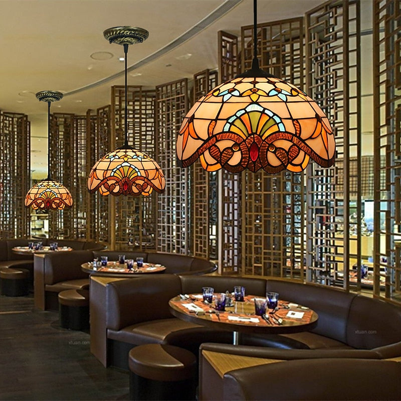 Vintage Stained-Glass Dome Pendant Light