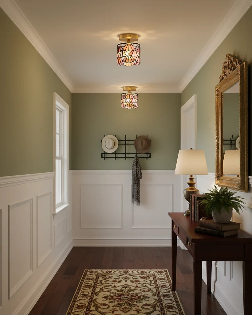 Vintage Stained-Glass Cylinder Ceiling Light