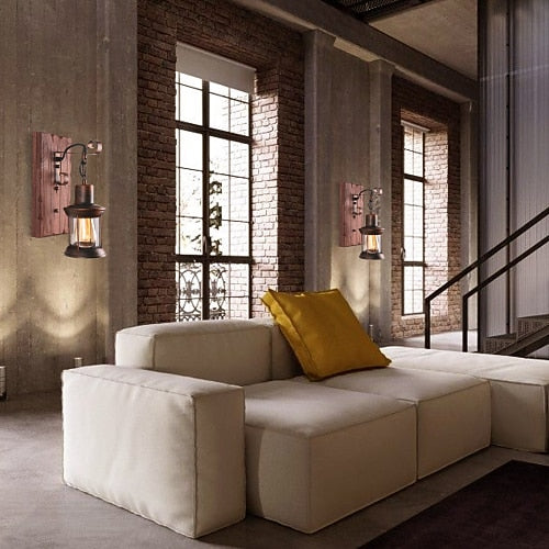 Industrial Wood Lantern Wall Light