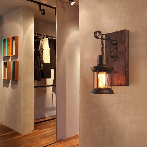 Industrial Wood Lantern Wall Light