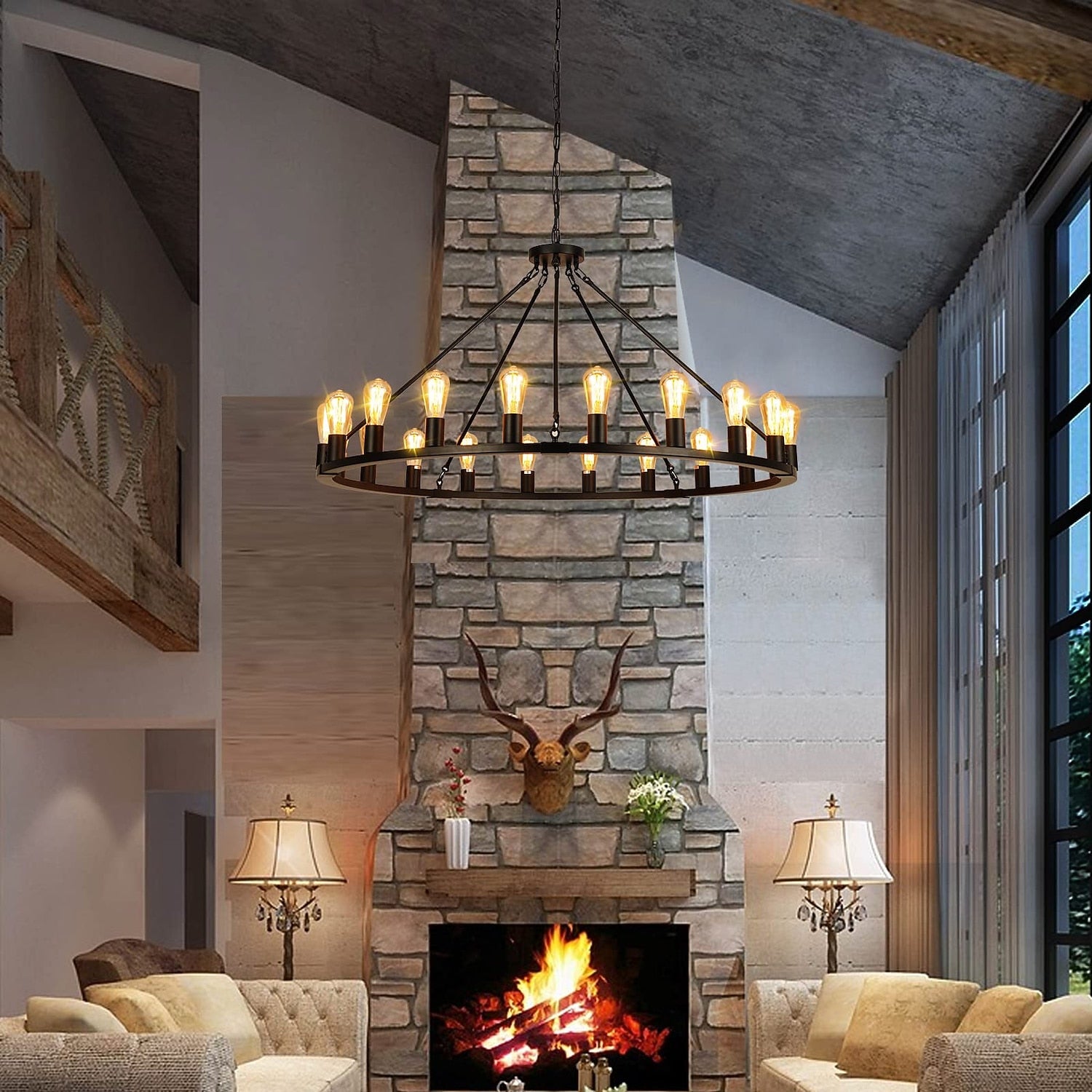 Industrial Metal Wagon-Wheel Chandelier