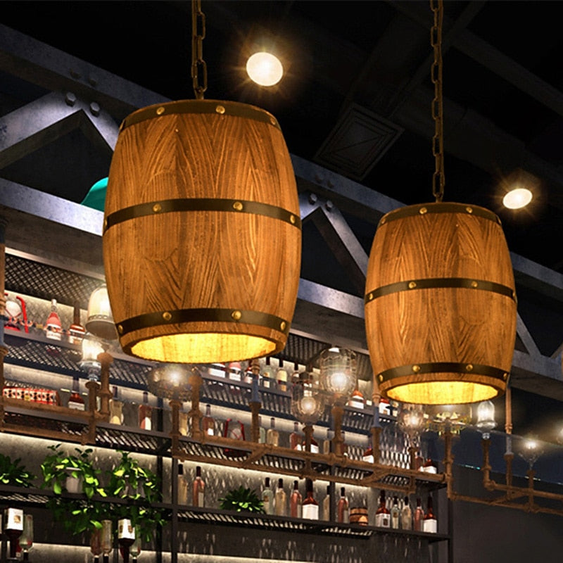 Rustic Wood Barrel Pendant Light