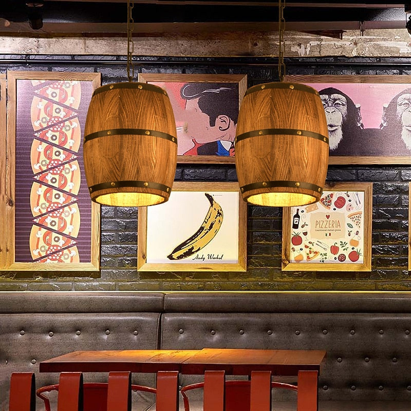 Rustic Wood Barrel Pendant Light