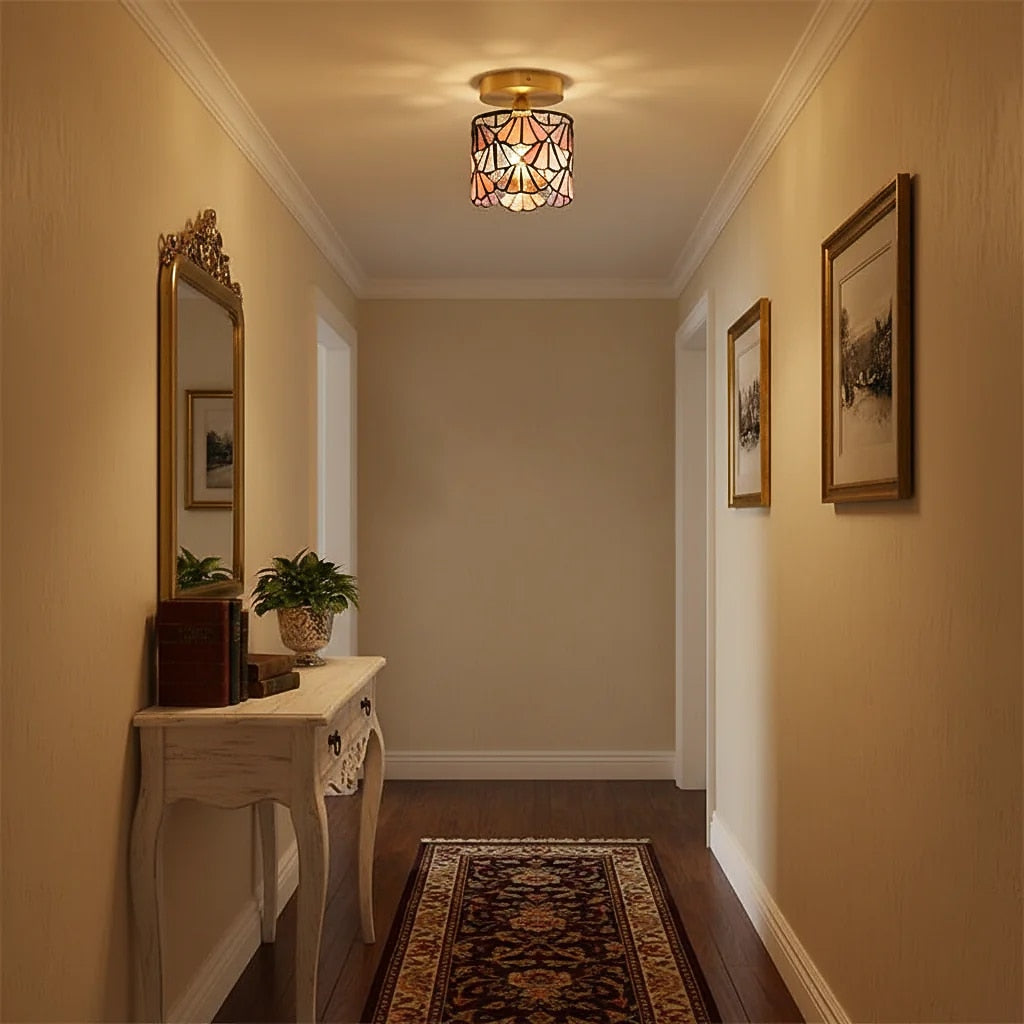 Vintage Stained-Glass Cylinder Ceiling Light