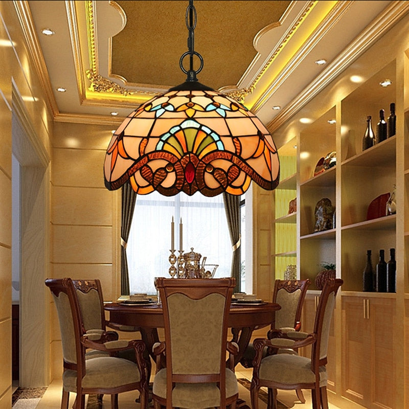 Vintage Stained-Glass Dome Pendant Light