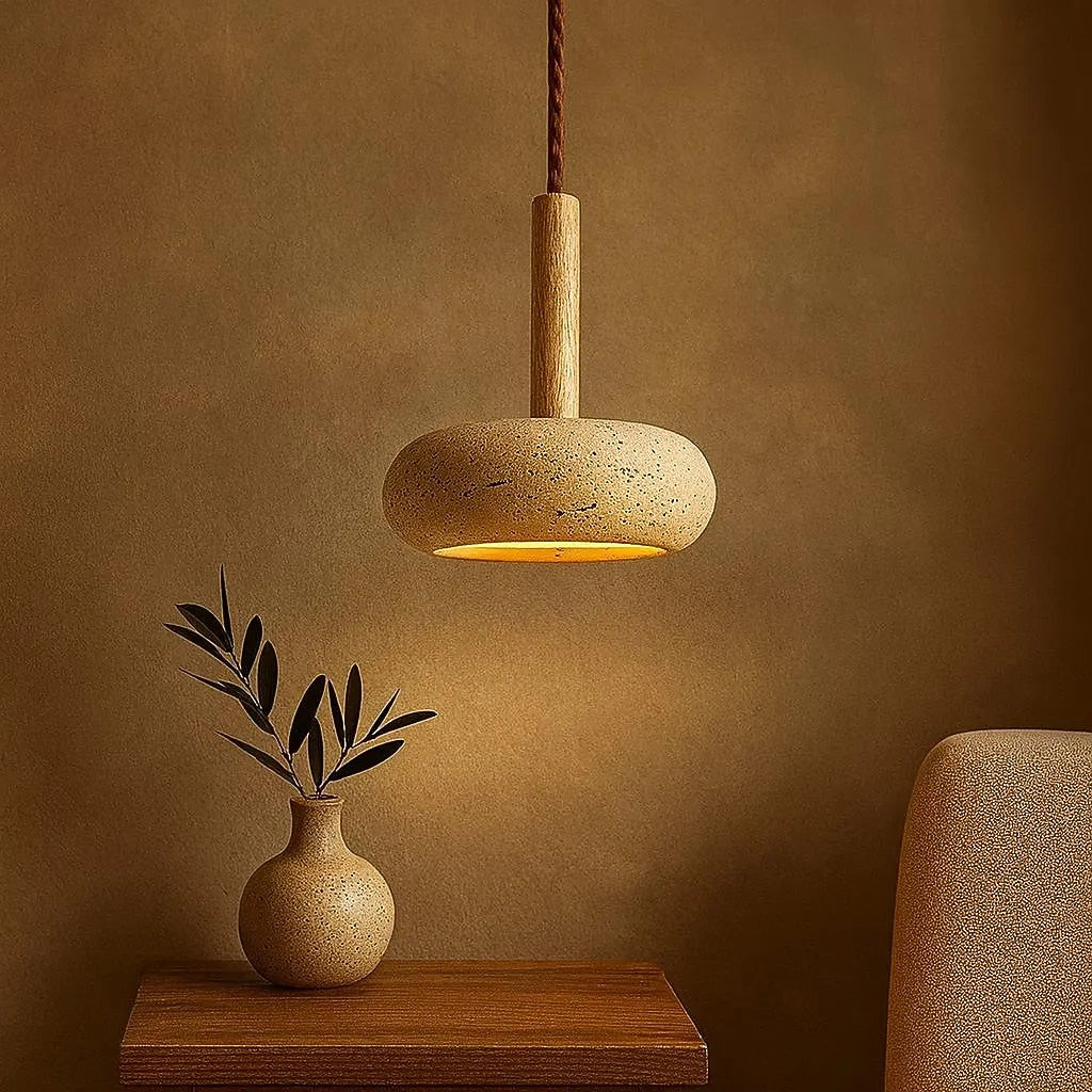 Wabi-Sabi Travertine Disc Pendant Light